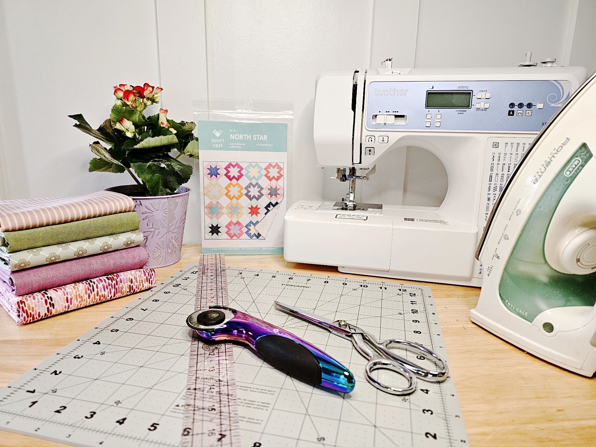 Beginner Quilting Supplies - Sewing Machine, Iron, Rotary Cutter, Cutting Matt, Scissors, Quilt Pattern & Fabric
