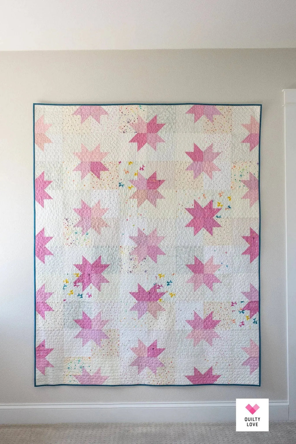Pink & White Modern Sawtooth Star Quilt Star Pop II by Quilty Love