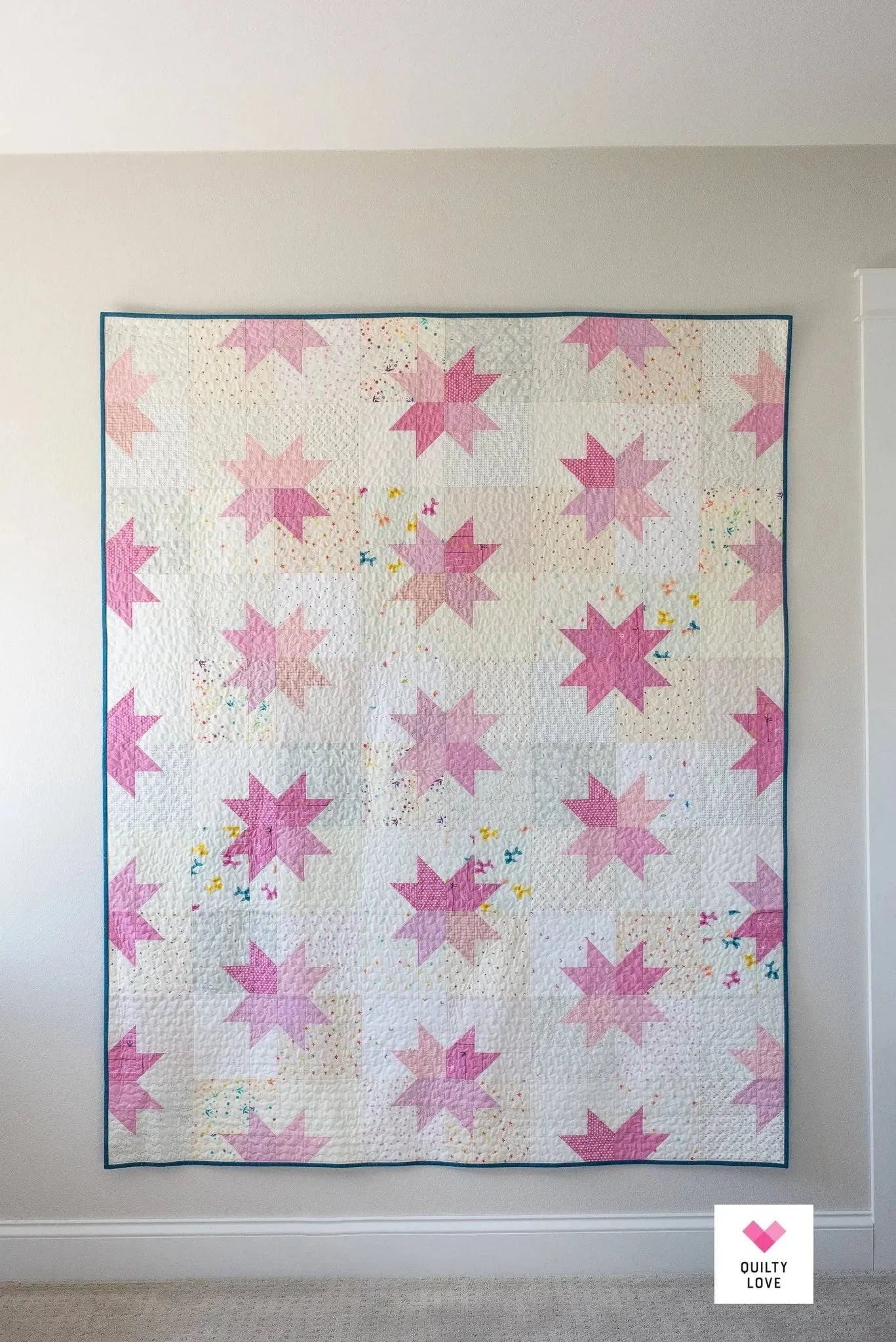 Pink & White Modern Sawtooth Star Quilt Star Pop II by Quilty Love