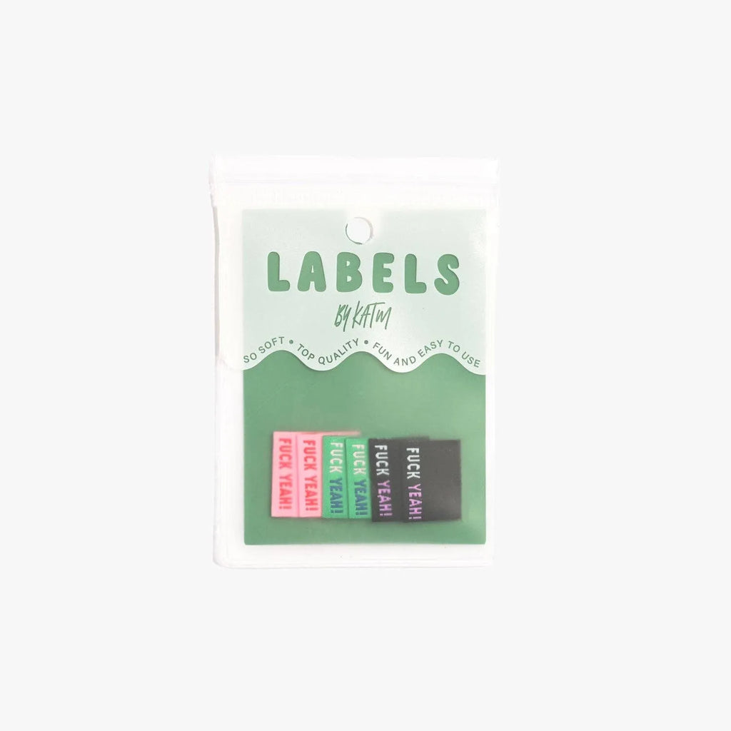 Fuck Yeah! Woven Labels by KATM in assorted vibrant colors.
