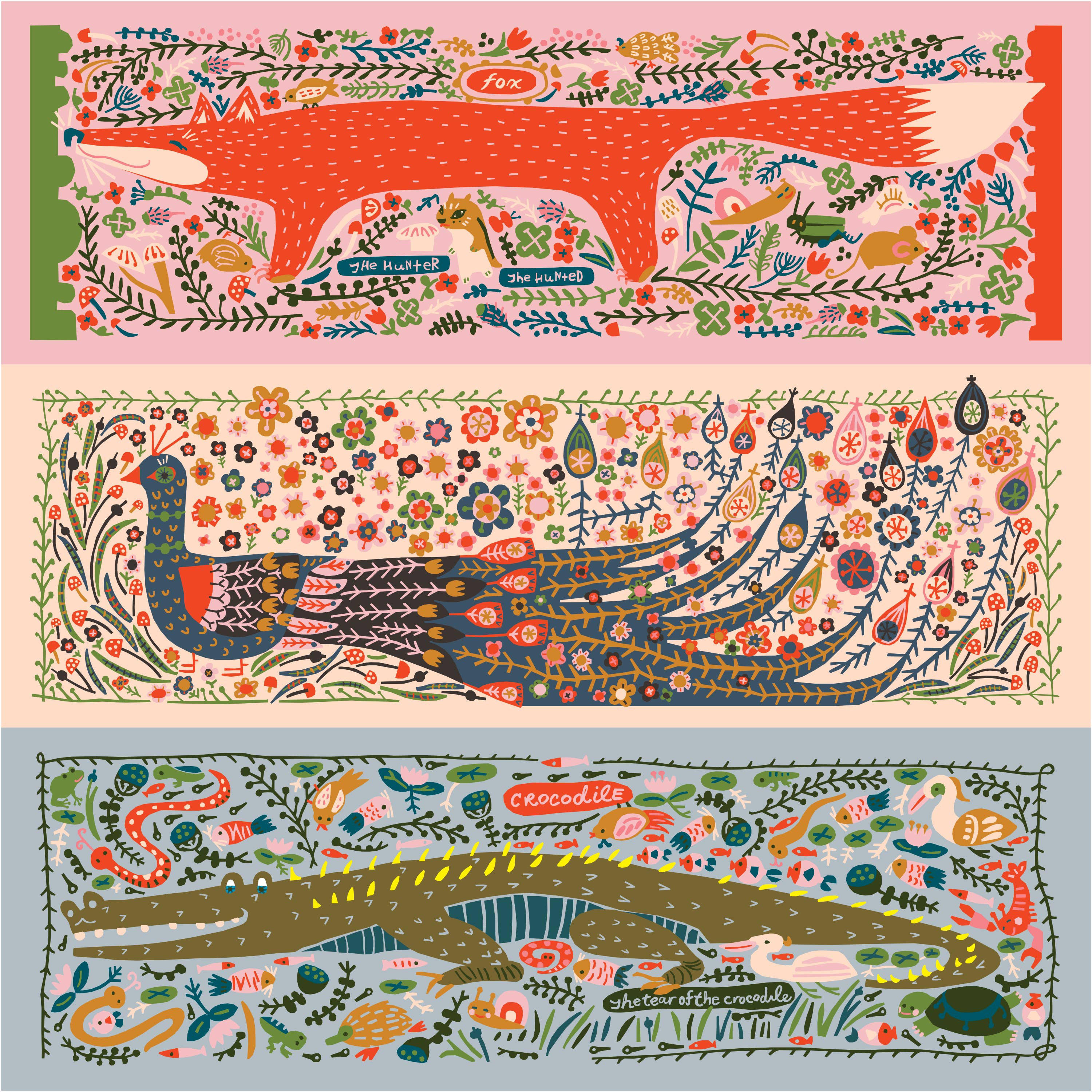 Fox—Peacock—Crocodile Panel by Little House Cottons