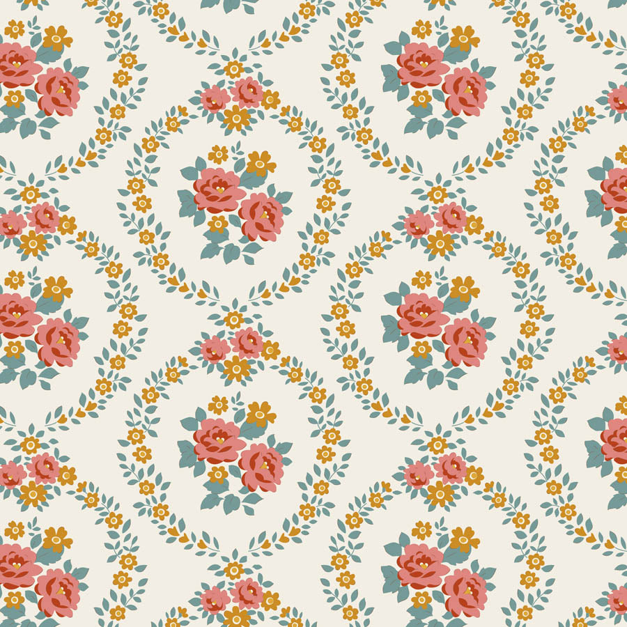 Tilda Village Life Mable Warm Cream floral quilting cotton fabric with vintage floral garlands