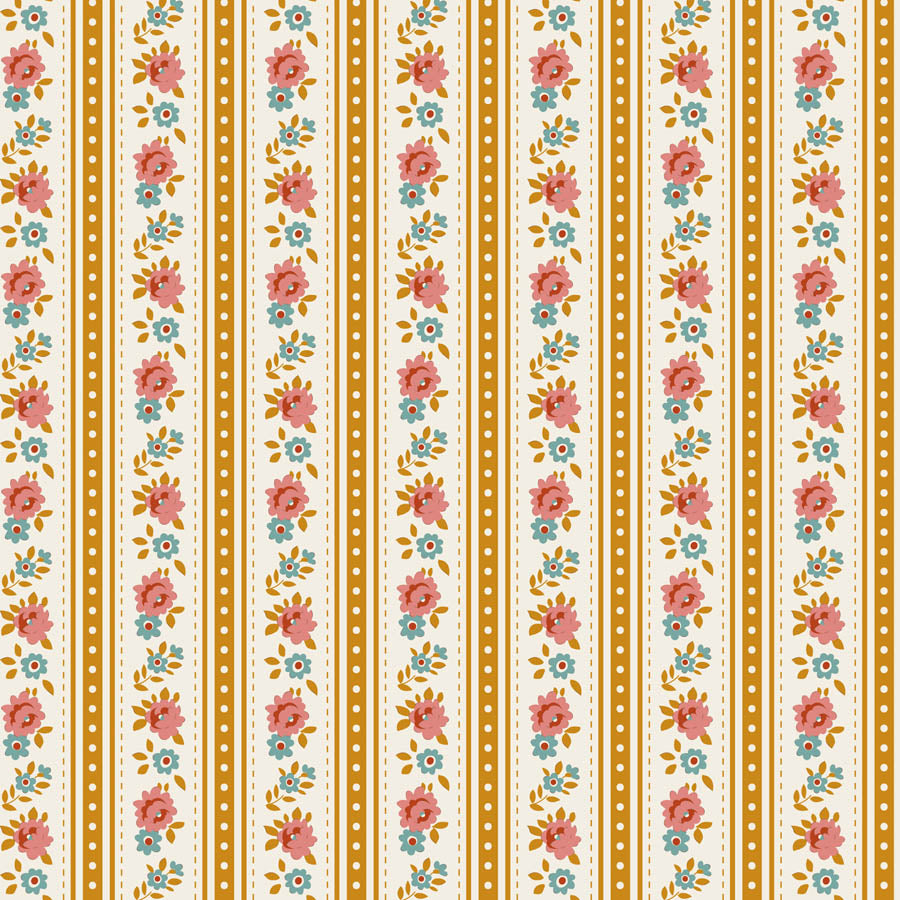 Tilda Village Life Agnes Ochre floral stripe quilting cotton fabric