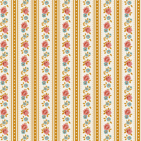 Tilda Village Life Agnes Ochre floral stripe quilting cotton fabric