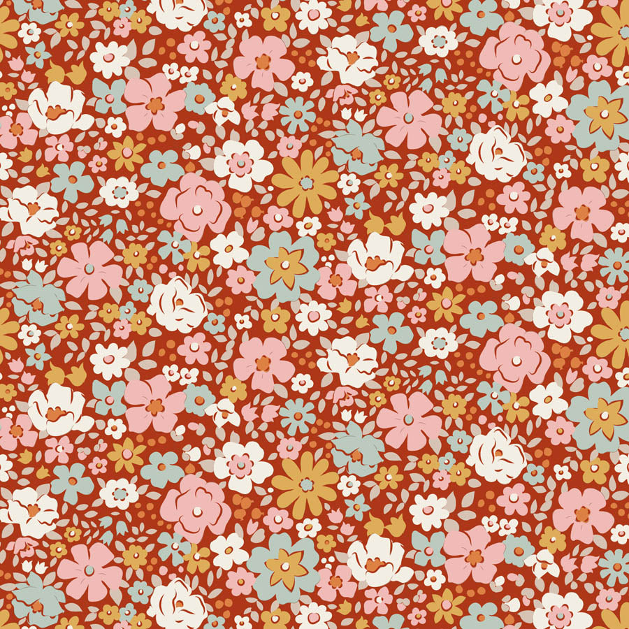 Tilda Village Life Esther Rust floral quilting cotton fabric with colorful vintage flowers