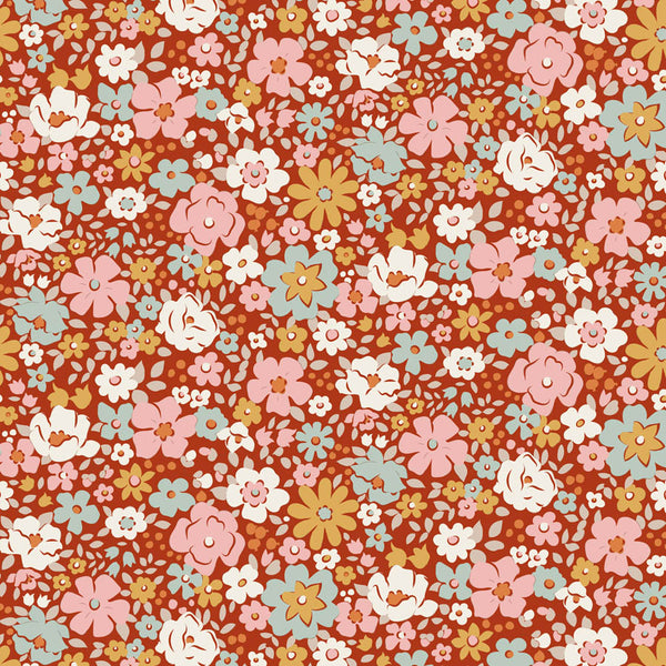 Tilda Village Life Esther Rust floral quilting cotton fabric with colorful vintage flowers