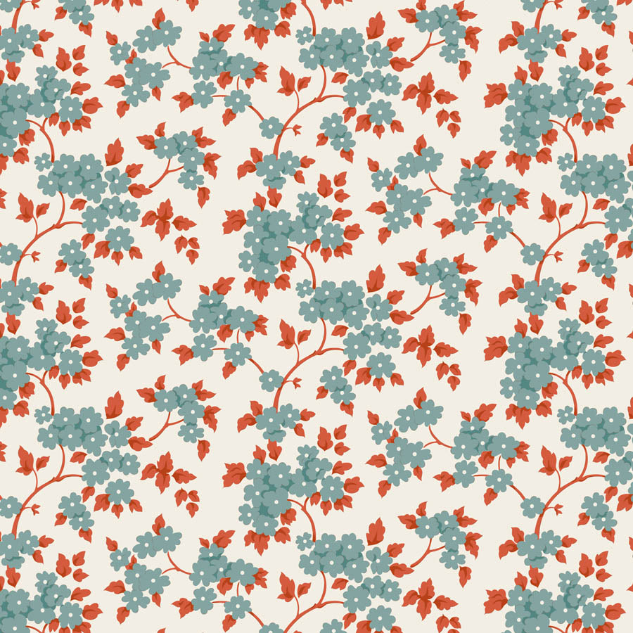Tilda Village Life Ruth Teal floral quilting cotton fabric with teal flowers and rust leaves