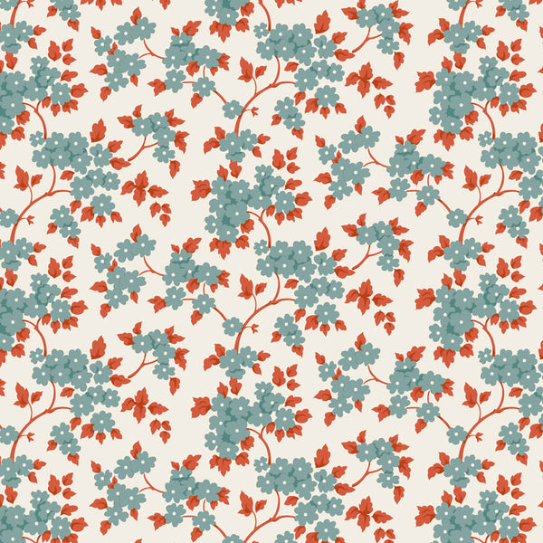 Tilda Village Life Ruth Teal floral quilting cotton fabric with teal flowers and rust leaves