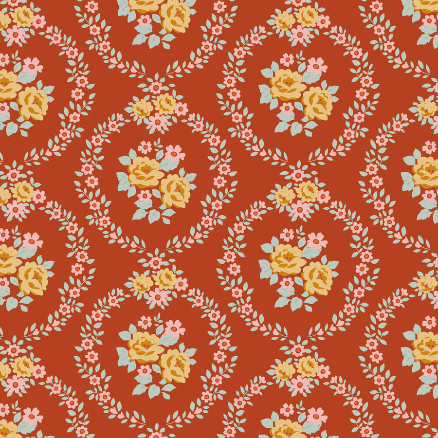 Tilda Village Life Mable Rust floral quilting cotton fabric with pink and ochre flowers