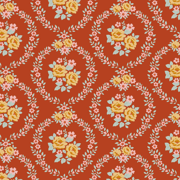 Tilda Village Life Mable Rust floral quilting cotton fabric with pink and ochre flowers