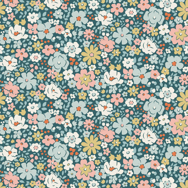 Tilda Village Life Esther Petrol floral quilting cotton fabric with vintage flowers