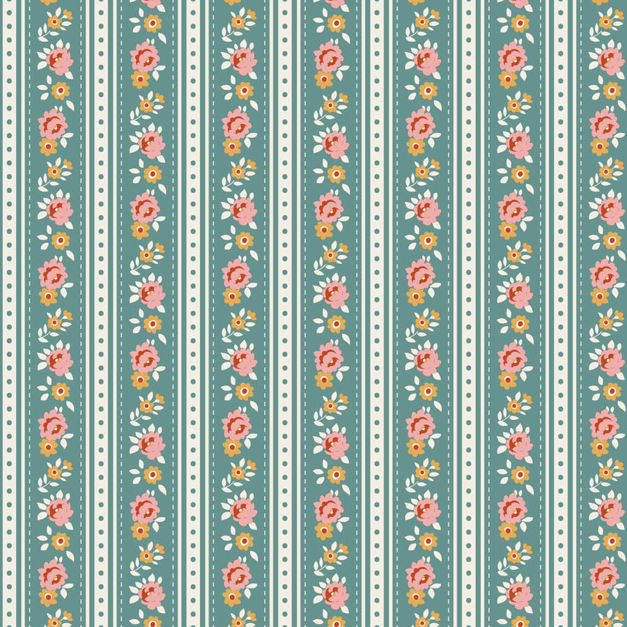 Tilda Village Life Agnes Teal floral stripe quilting cotton fabric