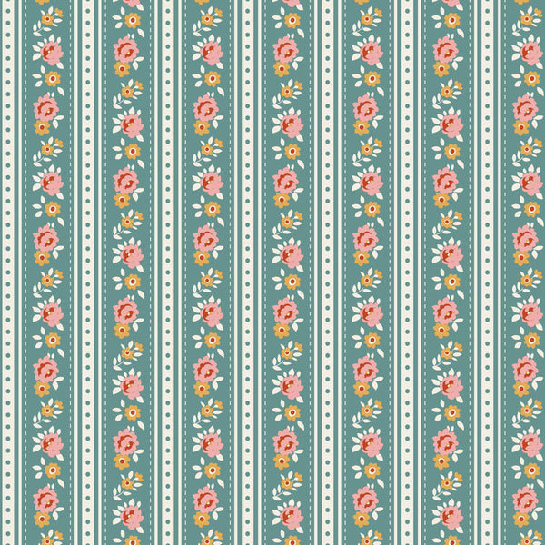 Tilda Village Life Agnes Teal floral stripe quilting cotton fabric