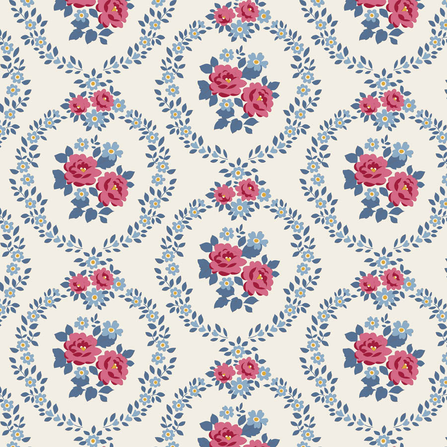 Tilda Village Life Mable Cold Cream floral quilting cotton fabric with blue and pink flower bouquets