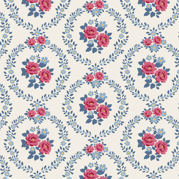 Tilda Village Life Mable Cold Cream floral quilting cotton fabric with blue and pink flower bouquets