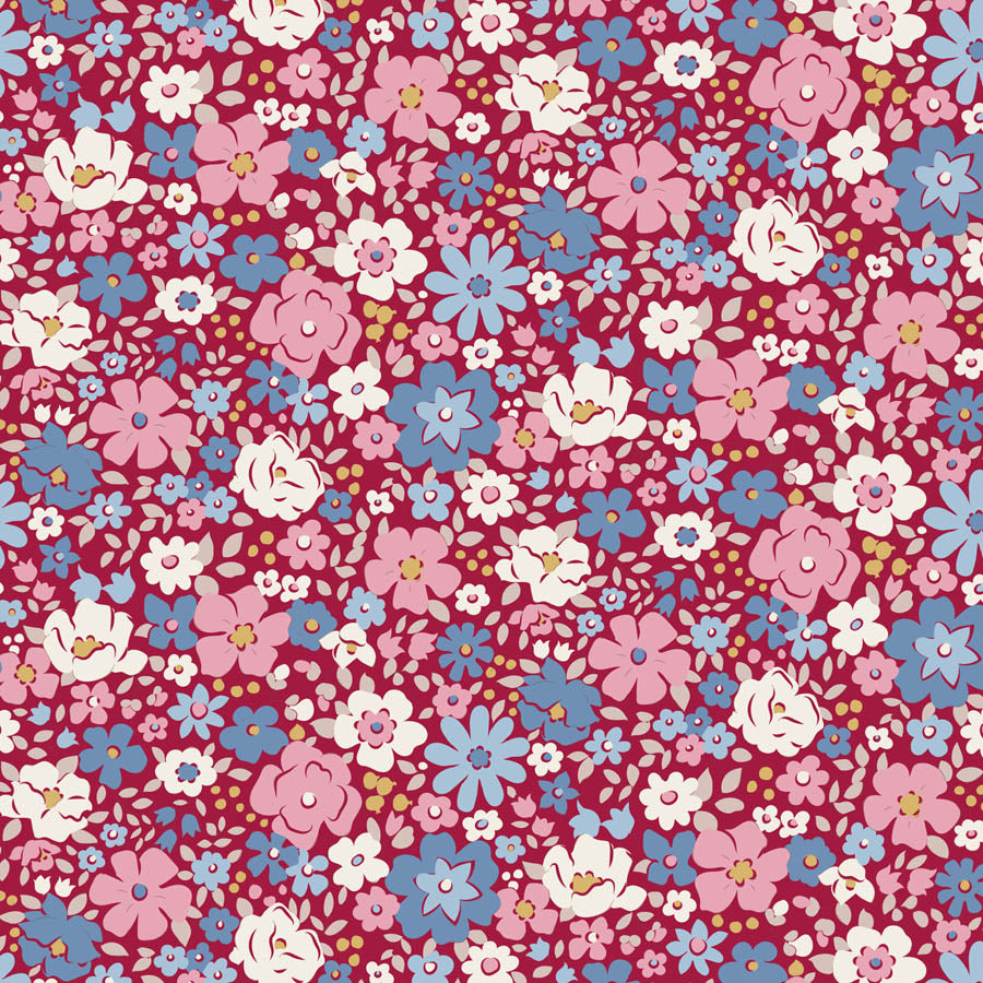 Tilda Village Life Esther Burgundy floral quilting cotton fabric with pink and blue flowers