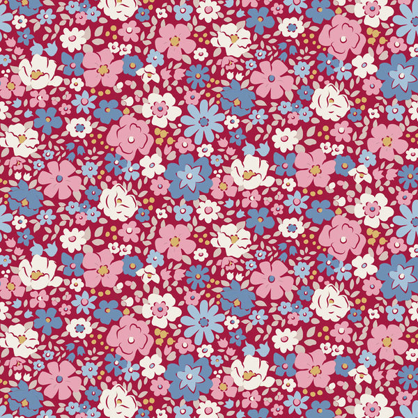 Tilda Village Life Esther Burgundy floral quilting cotton fabric with pink and blue flowers