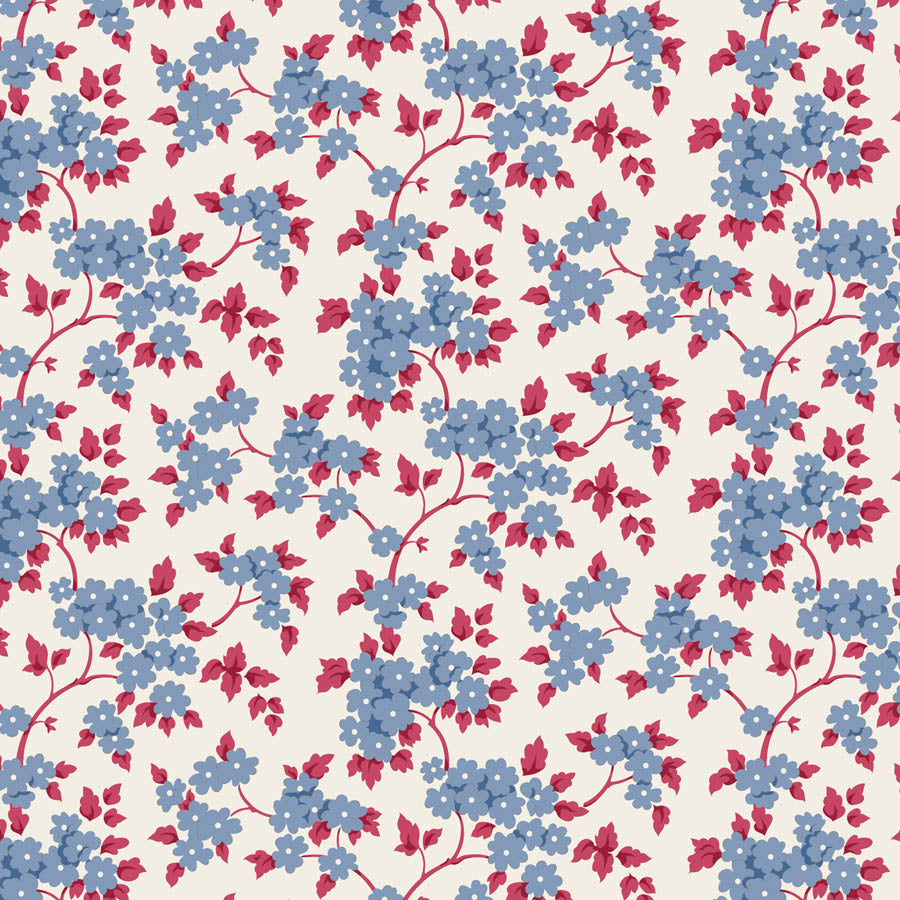 Tilda Village Life Ruth Blue floral quilting cotton fabric with blue flowers and burgundy leaves