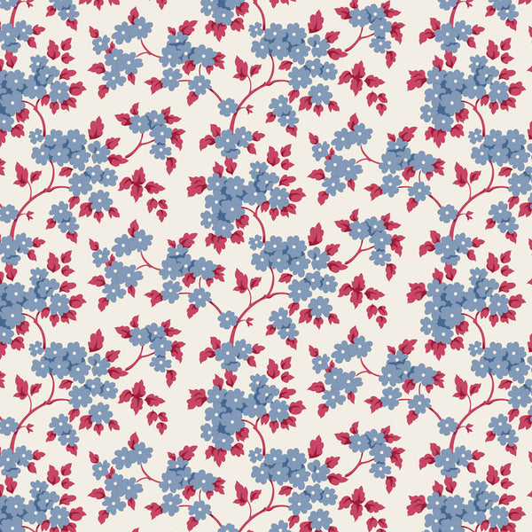 Tilda Village Life Ruth Blue floral quilting cotton fabric with blue flowers and burgundy leaves