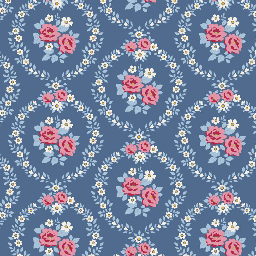 Tilda Village Life Mable Blue floral quilting cotton fabric with pink and blue flower bouquets