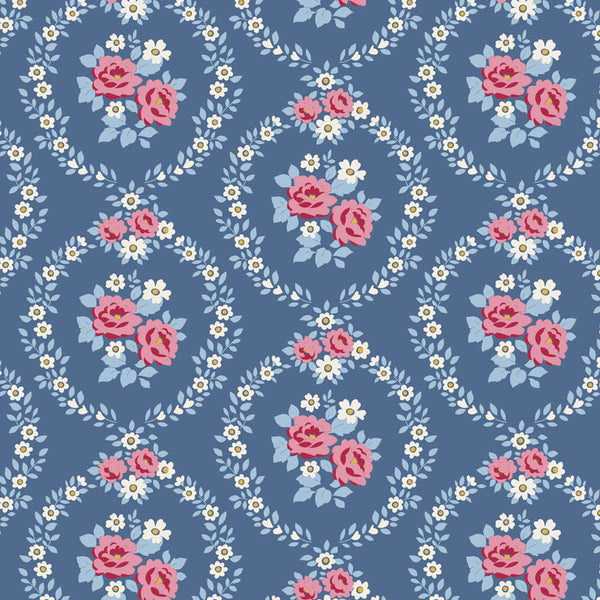 Tilda Village Life Mable Blue floral quilting cotton fabric with pink and blue flower bouquets