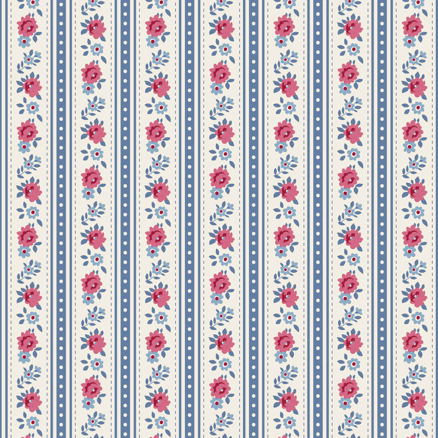 Tilda Village Life Agnes Blue floral stripe quilting cotton fabric