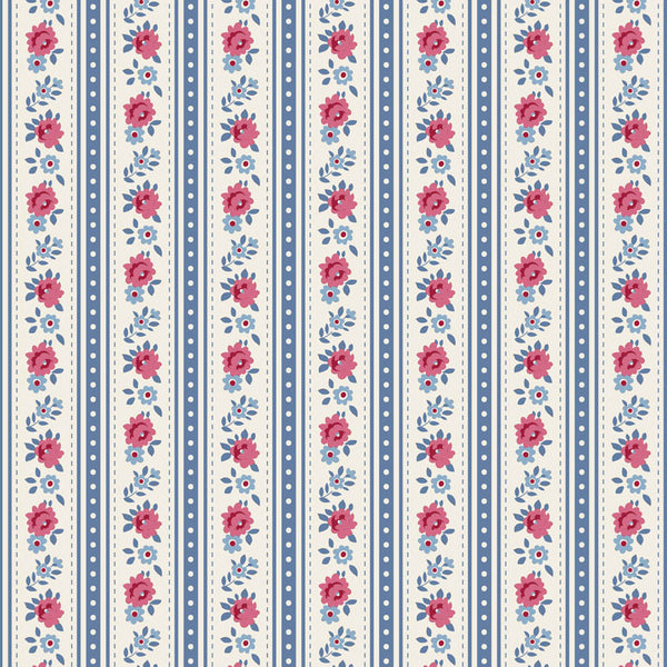 Tilda Village Life Agnes Blue floral stripe quilting cotton fabric