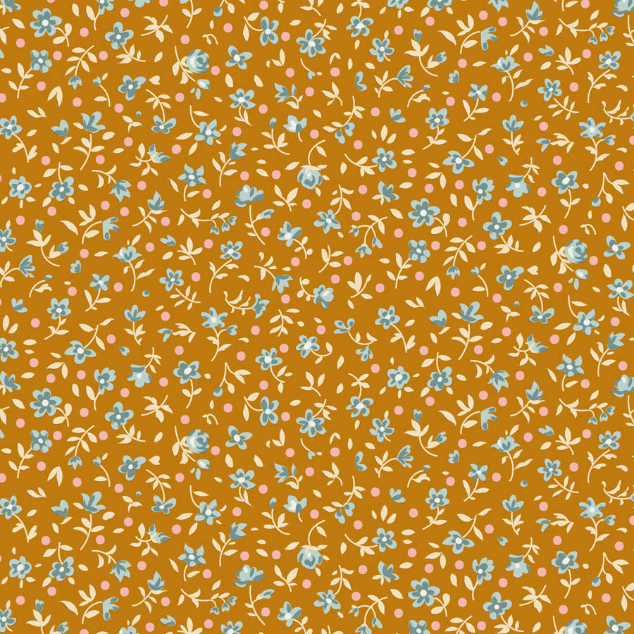 Tilda Village Life Mae Ochre blender fabric with delicate blue and cream floral print