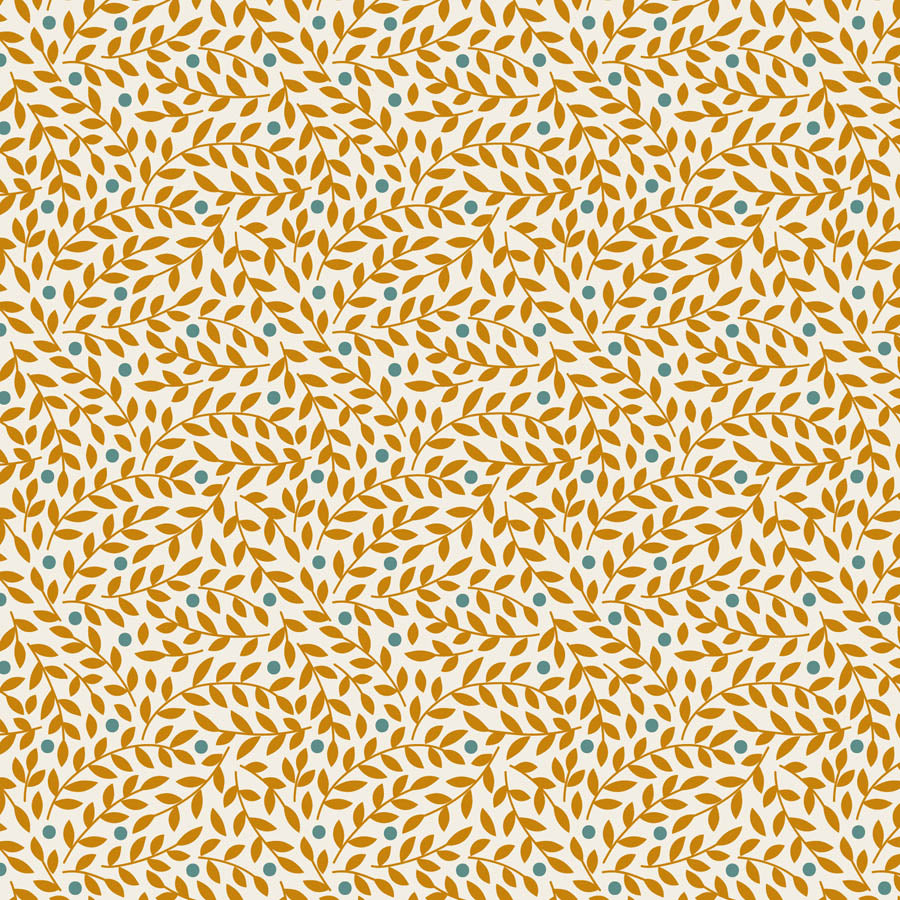 Tilda Village Life Lillian Ochre blender fabric with leafy vine pattern