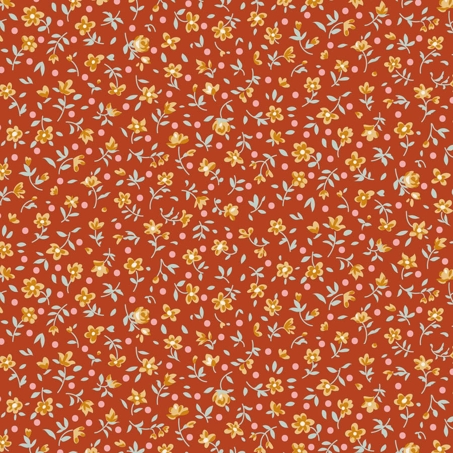 Tilda Village Life Mae Rust blender fabric with delicate scattered floral print