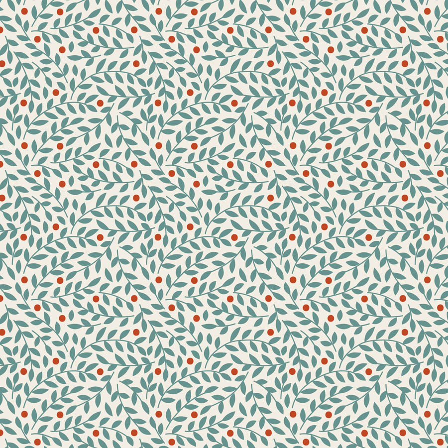 Tilda Village Life Lillian Teal blender fabric with leafy vine pattern and rust accents