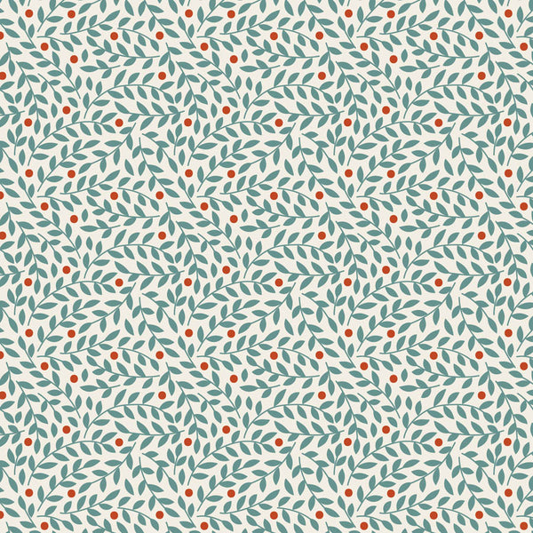 Tilda Village Life Lillian Teal blender fabric with leafy vine pattern and rust accents