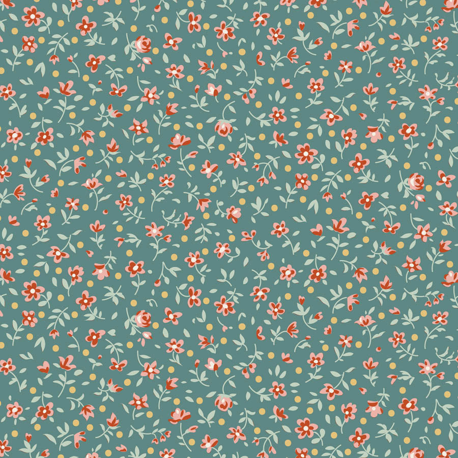 Tilda Village Life Mae Teal blender fabric with delicate scattered floral print