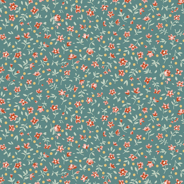 Tilda Village Life Mae Teal blender fabric with delicate scattered floral print