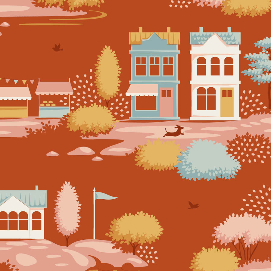 Tilda Village Life Village Rust scenic quilting cotton fabric with village houses and shops
