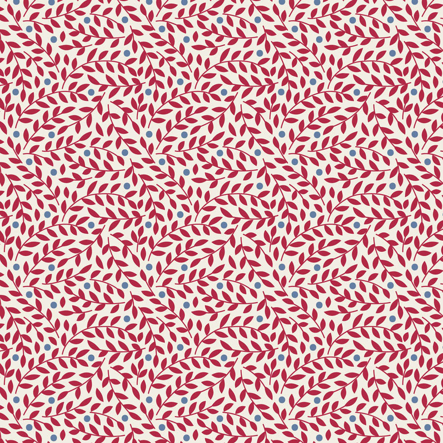 Tilda Village Life Lillian Burgundy blender fabric with leafy vine pattern and blue accents