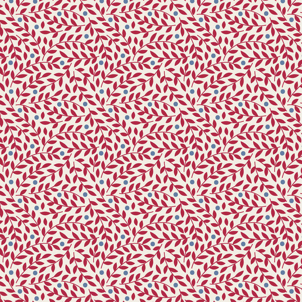 Tilda Village Life Lillian Burgundy blender fabric with leafy vine pattern and blue accents