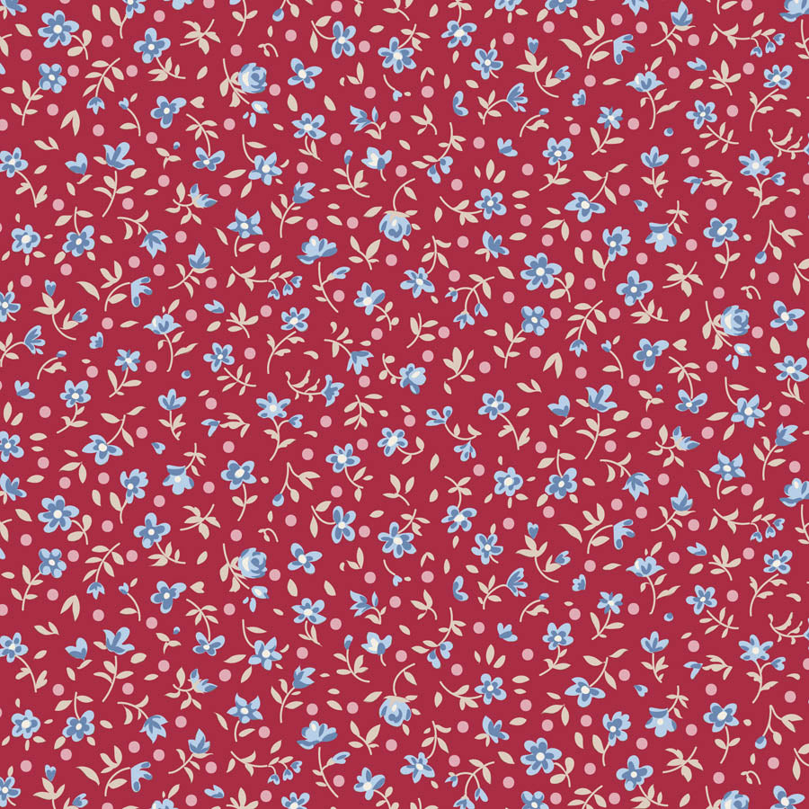 Tilda Village Life Mae Burgundy blender fabric with delicate blue and cream floral print