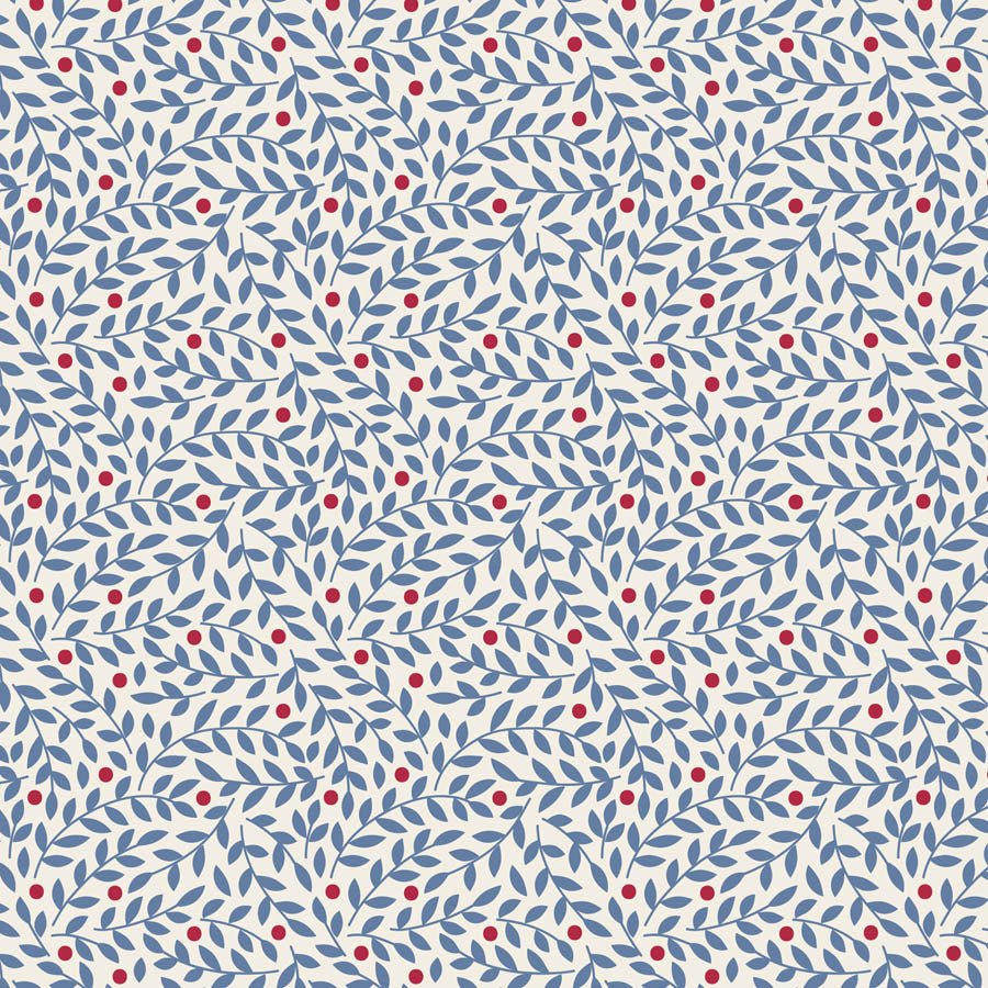 Tilda Village Life Lillian Blue blender fabric with delicate leafy vine pattern