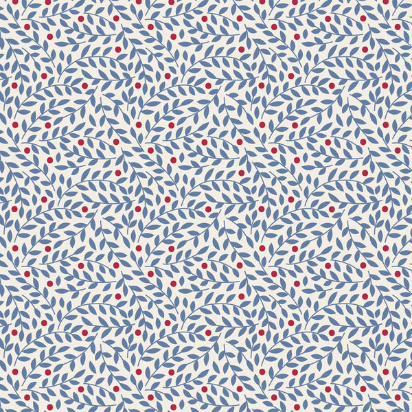 Tilda Village Life Lillian Blue blender fabric with delicate leafy vine pattern