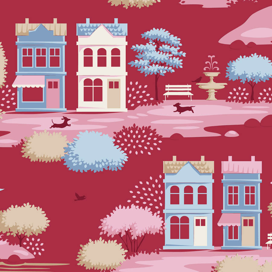 Tilda Village Life Village Burgundy scenic quilting cotton fabric with colorful village houses and gardens