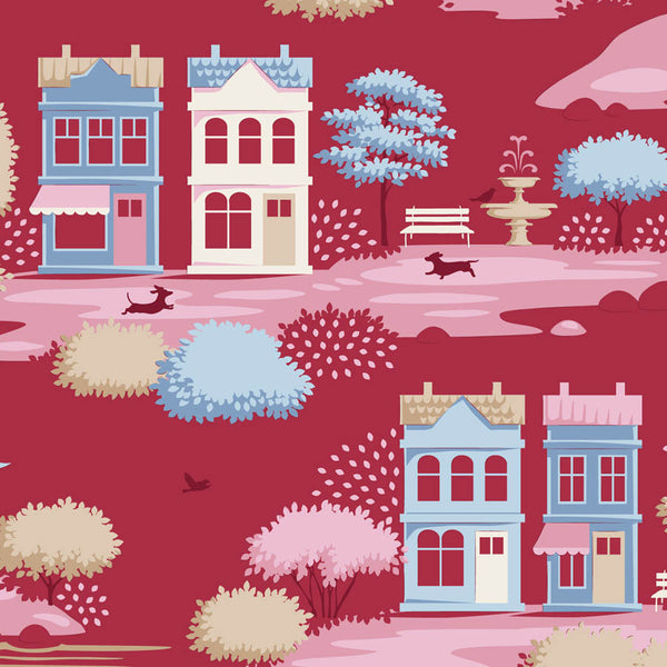 Tilda Village Life Village Burgundy scenic quilting cotton fabric with colorful village houses and gardens