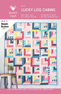 Quilt pattern cover for 'Lucky Log Cabins' by Quilty Love with colorful geometric quilt design.
