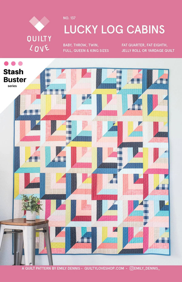 Quilt pattern cover for 'Lucky Log Cabins' by Quilty Love with colorful geometric quilt design.