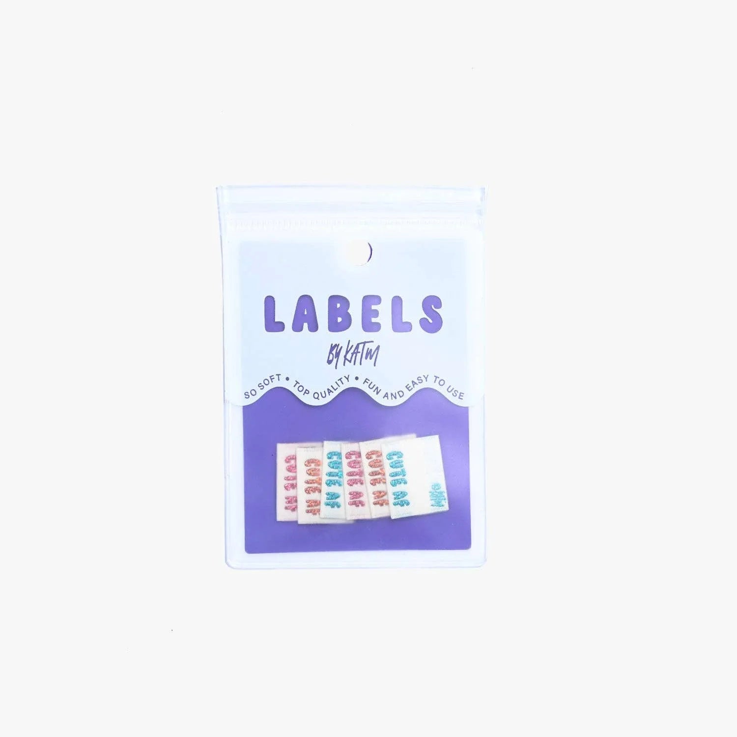 Cute AF! Woven Labels by KATM in colorful text designs.