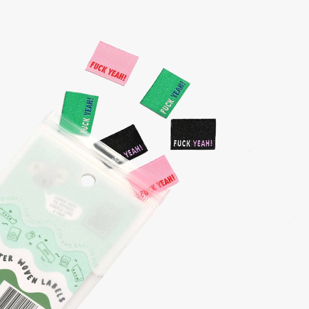 Fuck Yeah! Woven Labels in vibrant colors by KATM for DIY projects.