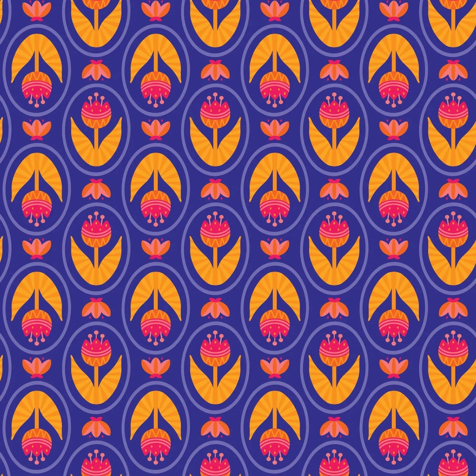Tulip Love fabric in vibrant blue by Jojulein Design, floral pattern.