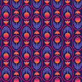 Tulip Love Navy fabric with vibrant blooming garden pattern.