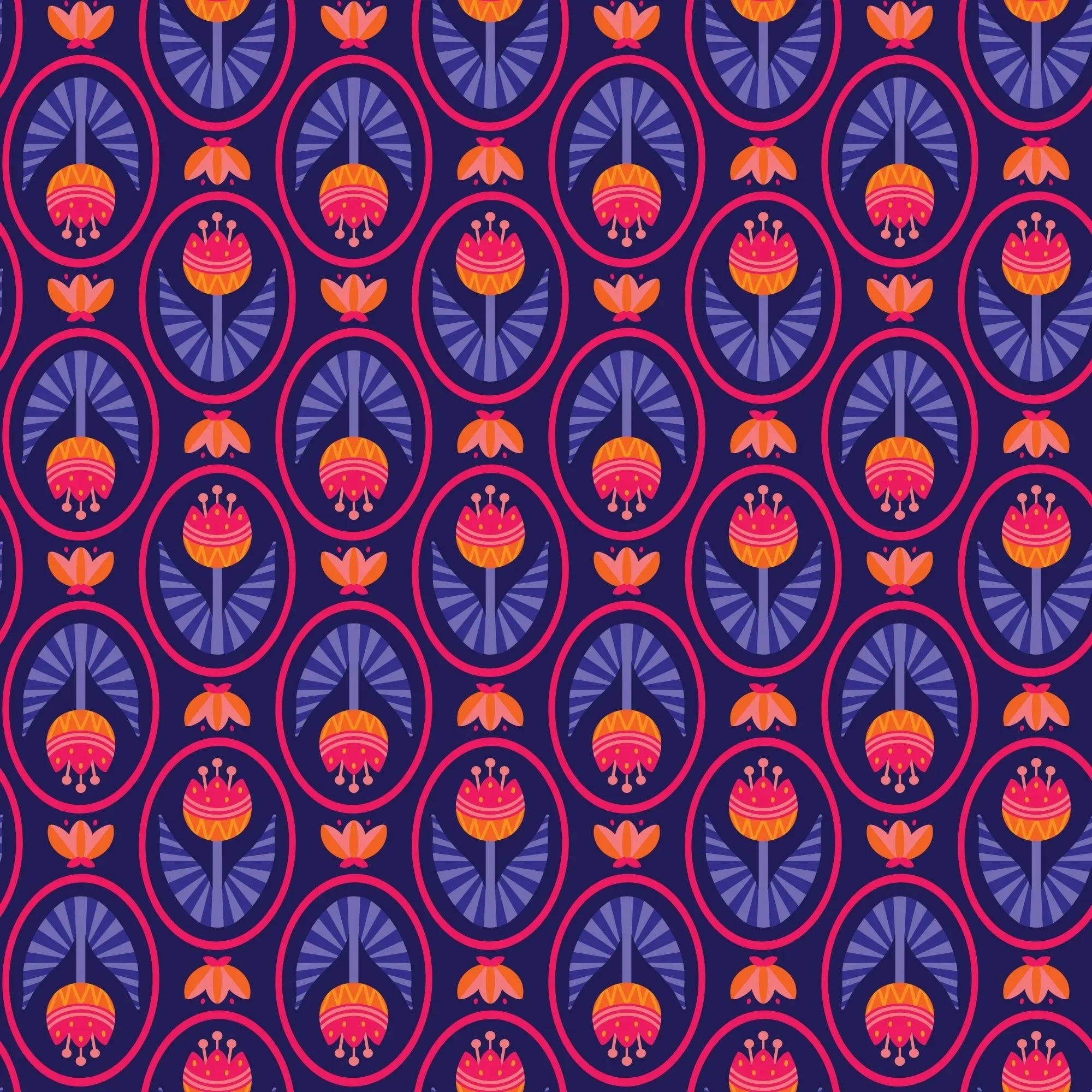 Tulip Love Navy fabric with vibrant blooming garden pattern.