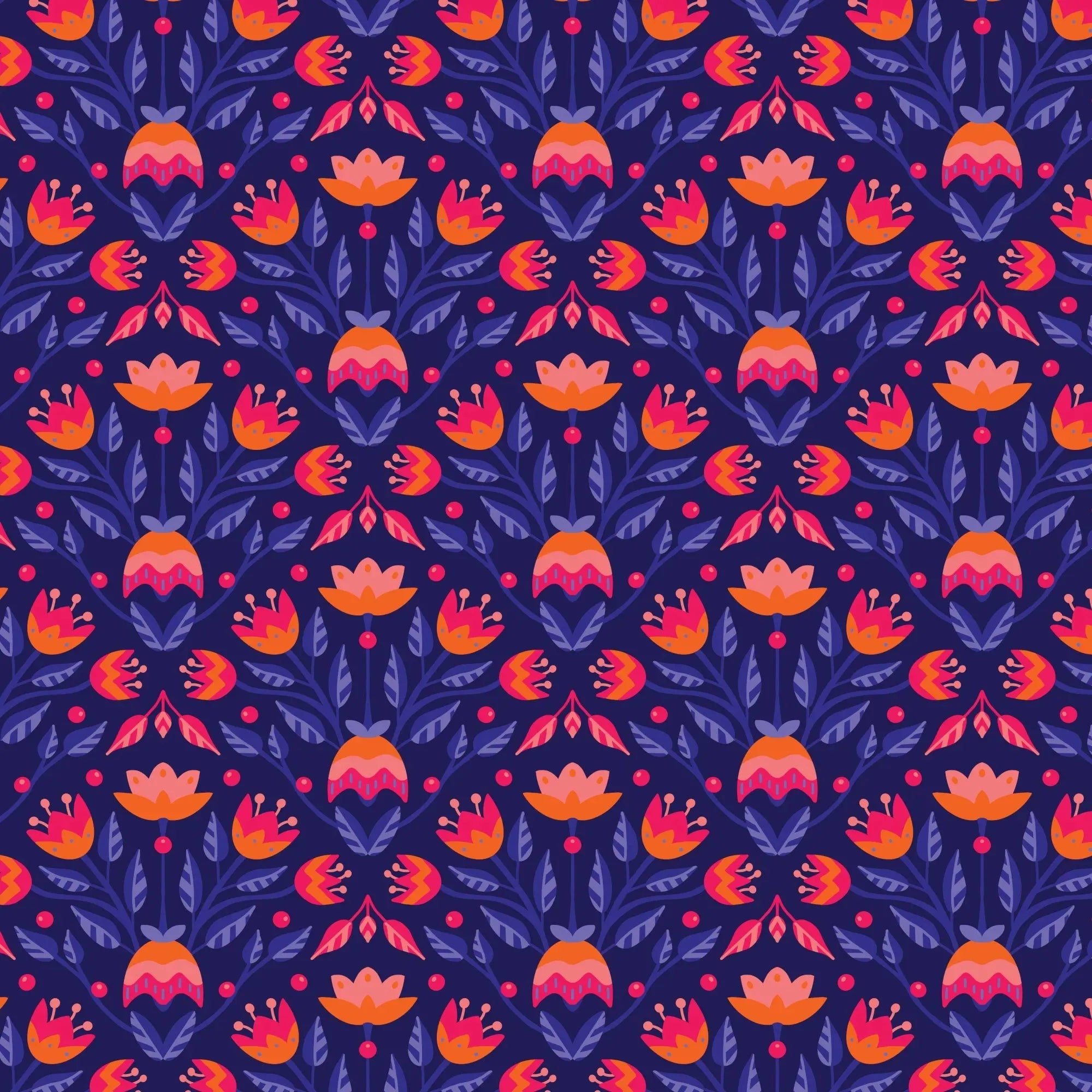Full Bloom - Navy fabric with vibrant floral garden pattern.